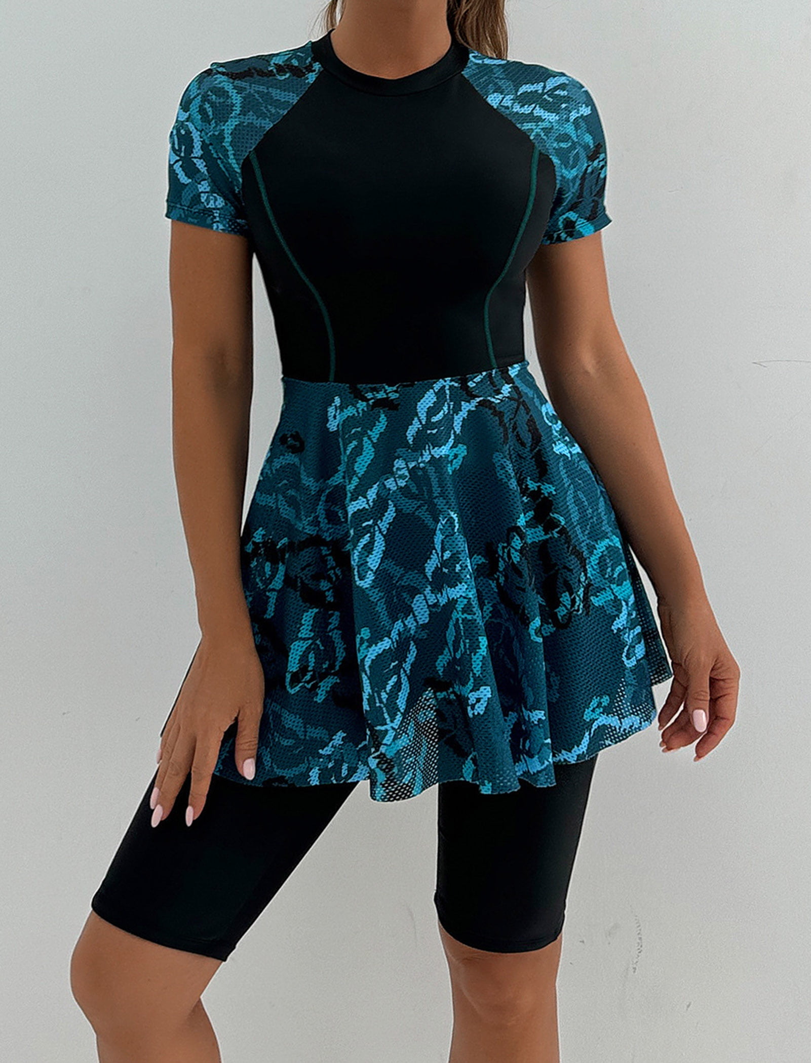 Women's Two-Piece Swimsuit — [Long Sleeve / Short Sleeve] Printed Swim Dress with Shorts