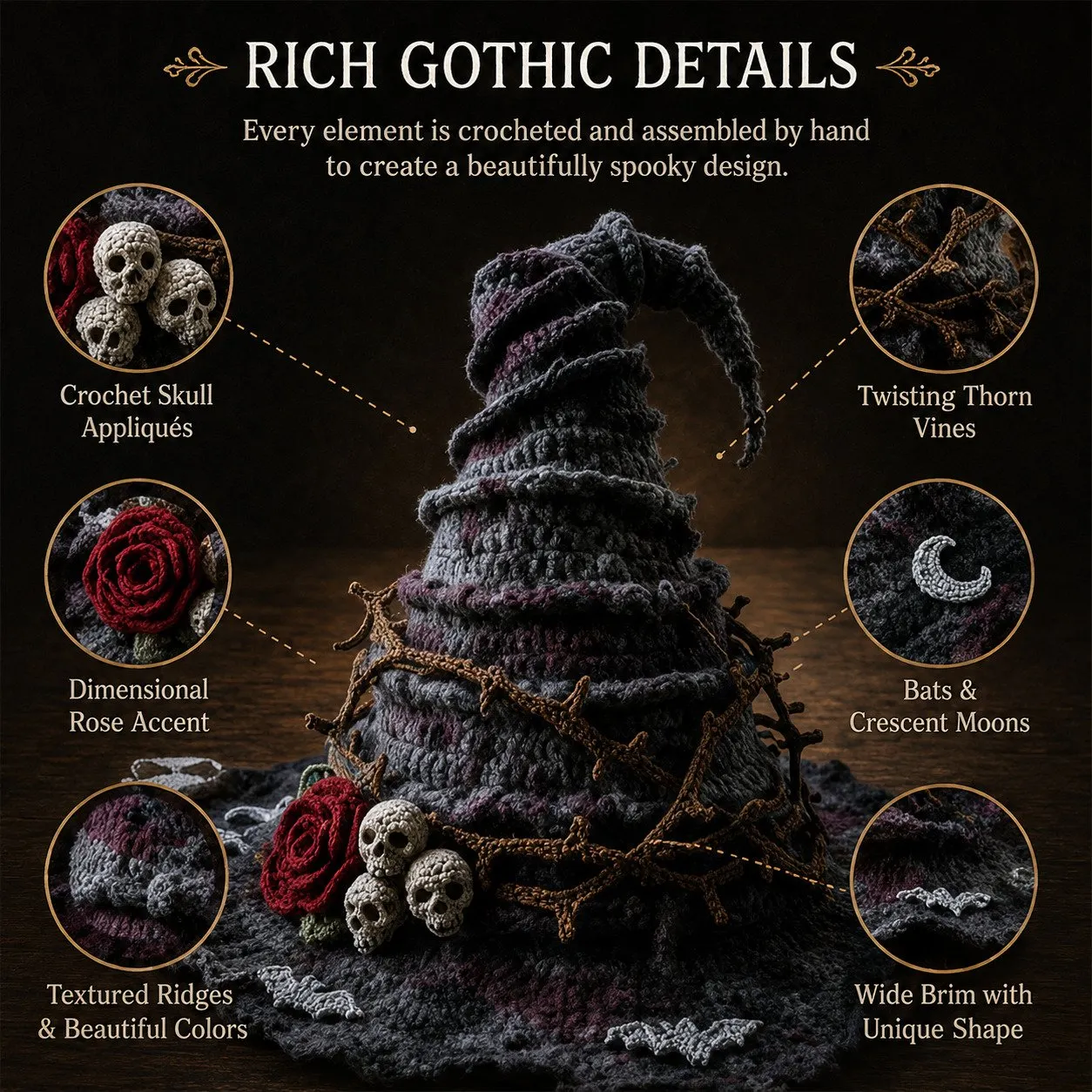 Gothic-Details mit Totenköpfen, Rose, Ranken, Fledermäusen und Mondsicheln
