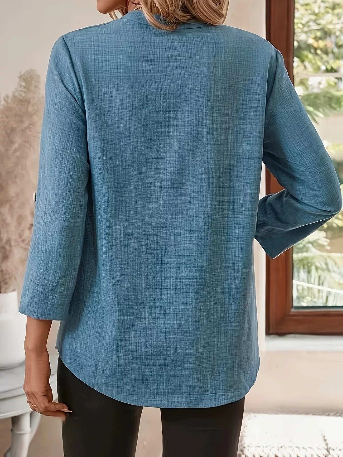 Roll-Up Sleeve Notched Blouse