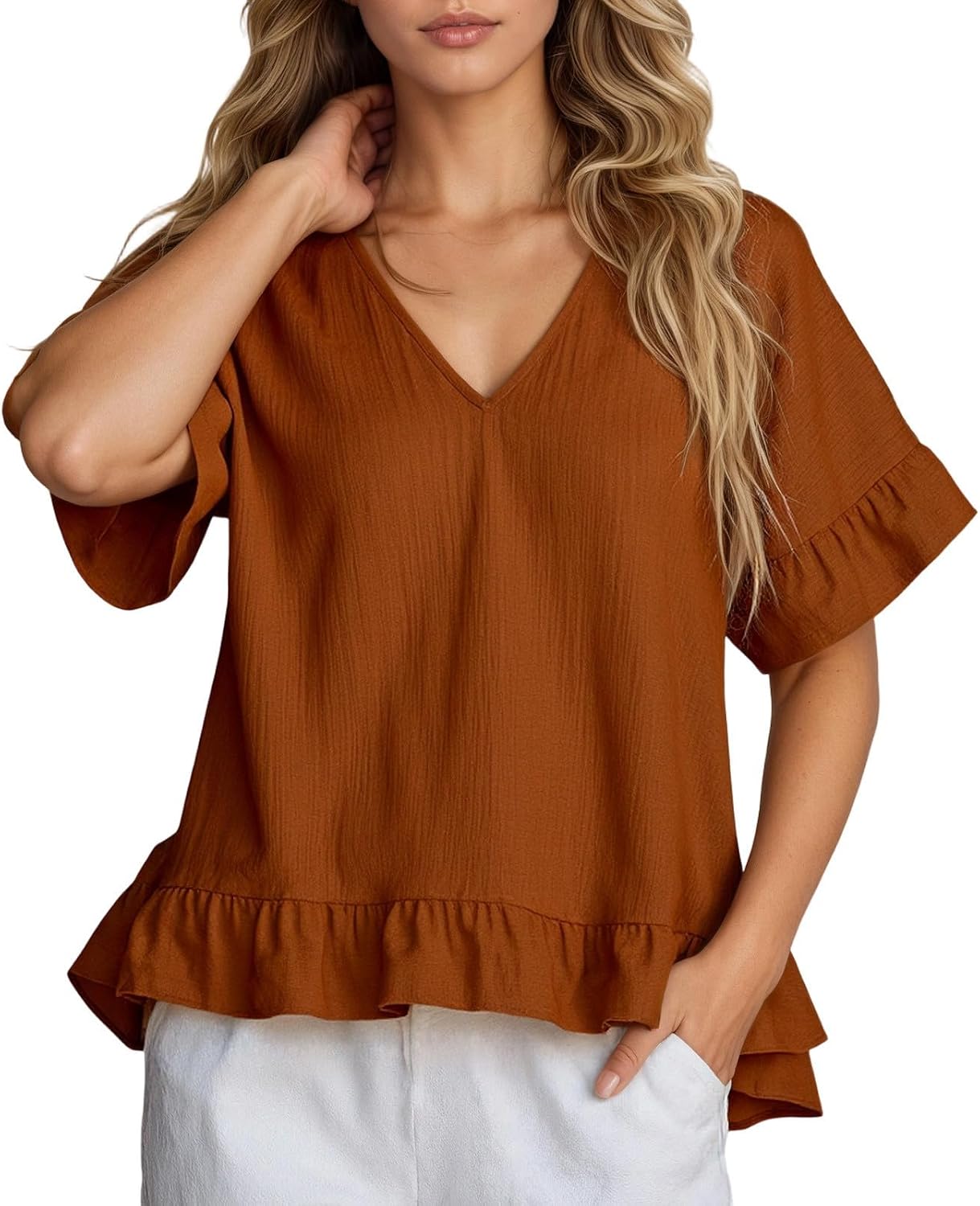 A stylish short-sleeved shirt with an elegant ruffled collar, perfect for everyday casual wear.