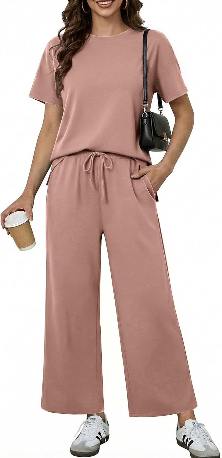 PINSPARK 2 Piece Sets for Women Soft Short Sleeve Tracksuit Wide Leg Pants Lounge Matching Set Travel Summer Outfits 2025