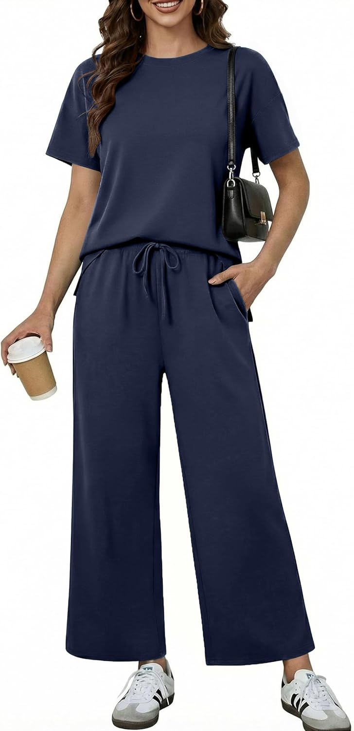 PINSPARK 2 Piece Sets for Women Soft Short Sleeve Tracksuit Wide Leg Pants Lounge Matching Set Travel Summer Outfits 2025