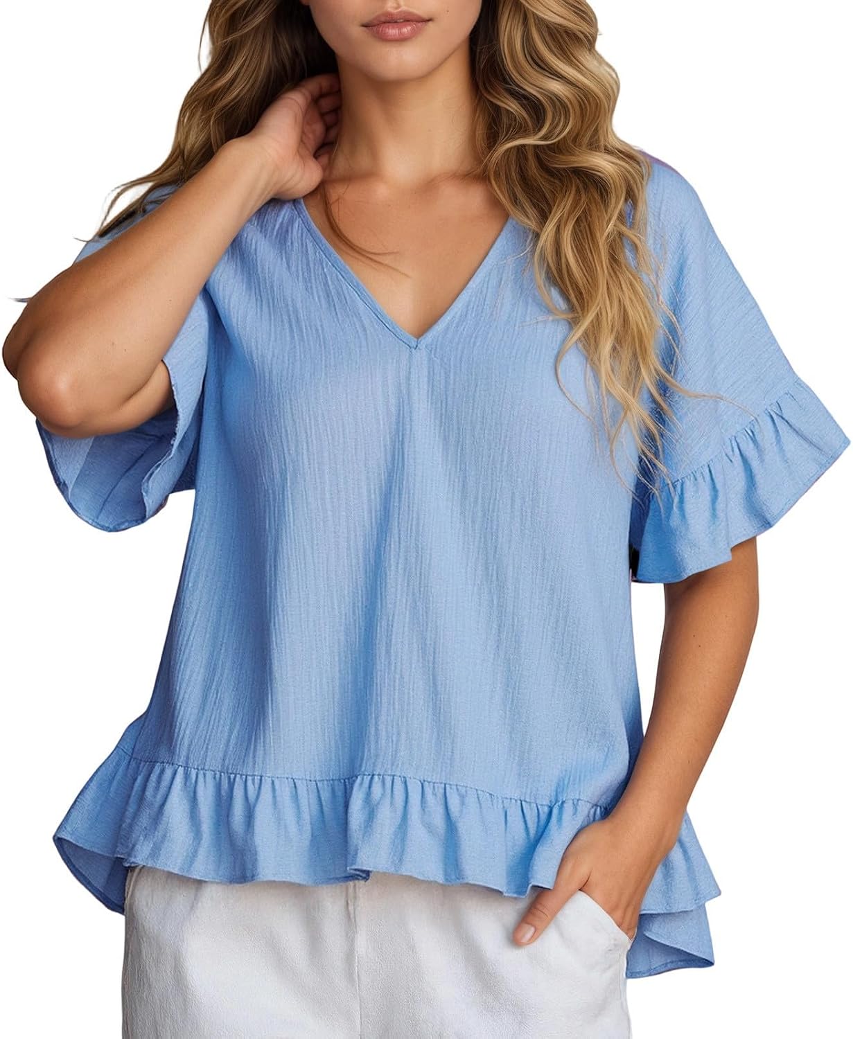A stylish short-sleeved shirt with an elegant ruffled collar, perfect for everyday casual wear.