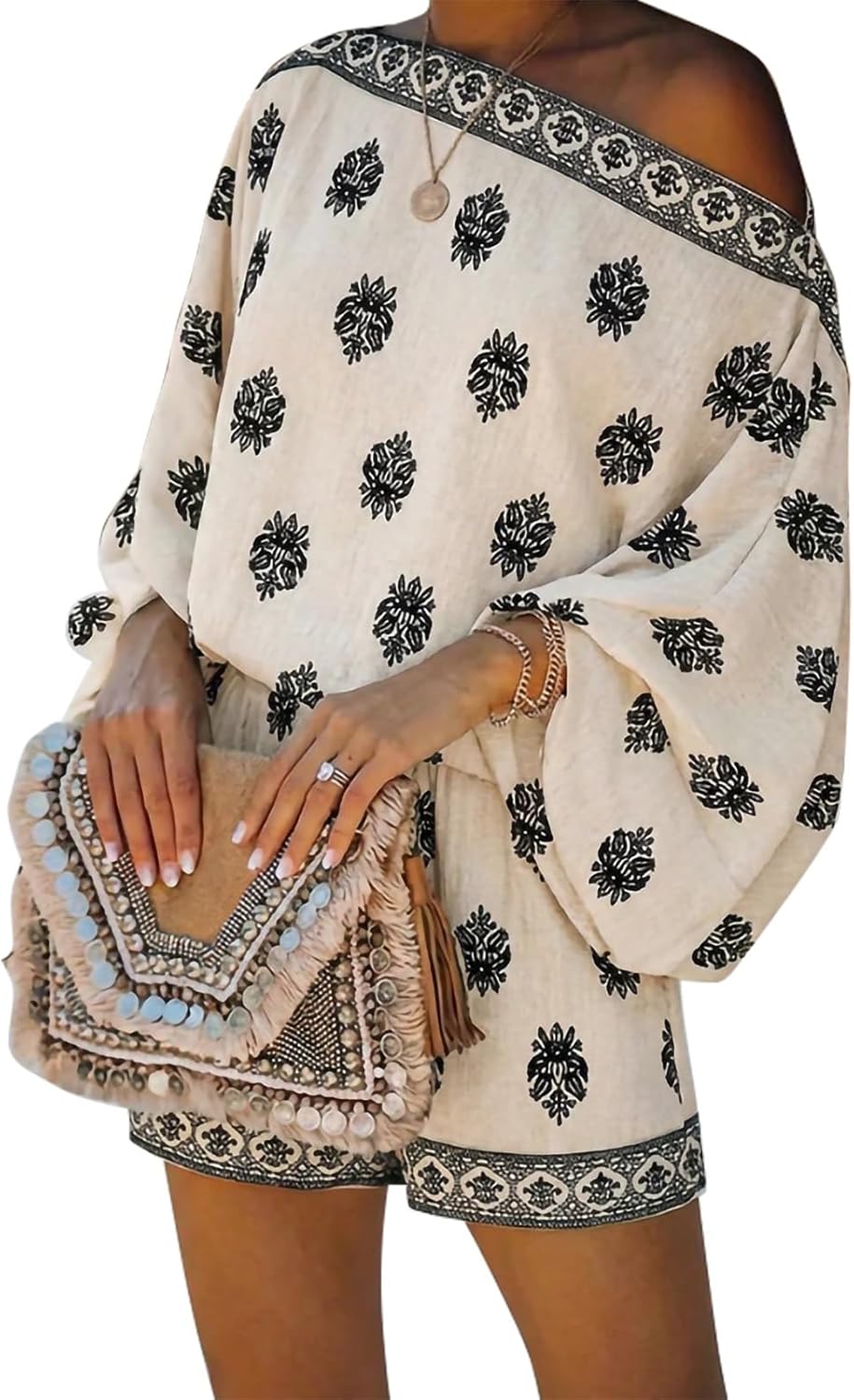 Women's jumpsuit, bohemian style, off-shoulder design, lantern sleeves, holiday outfit, high-waisted, shorts, loose fit, exquisite two-piece set.
