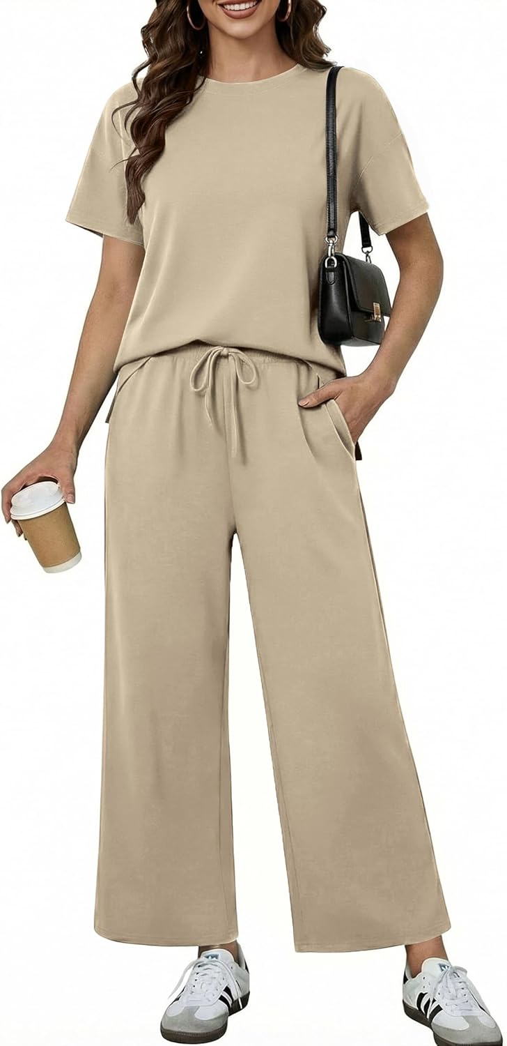 PINSPARK 2 Piece Sets for Women Soft Short Sleeve Tracksuit Wide Leg Pants Lounge Matching Set Travel Summer Outfits 2025