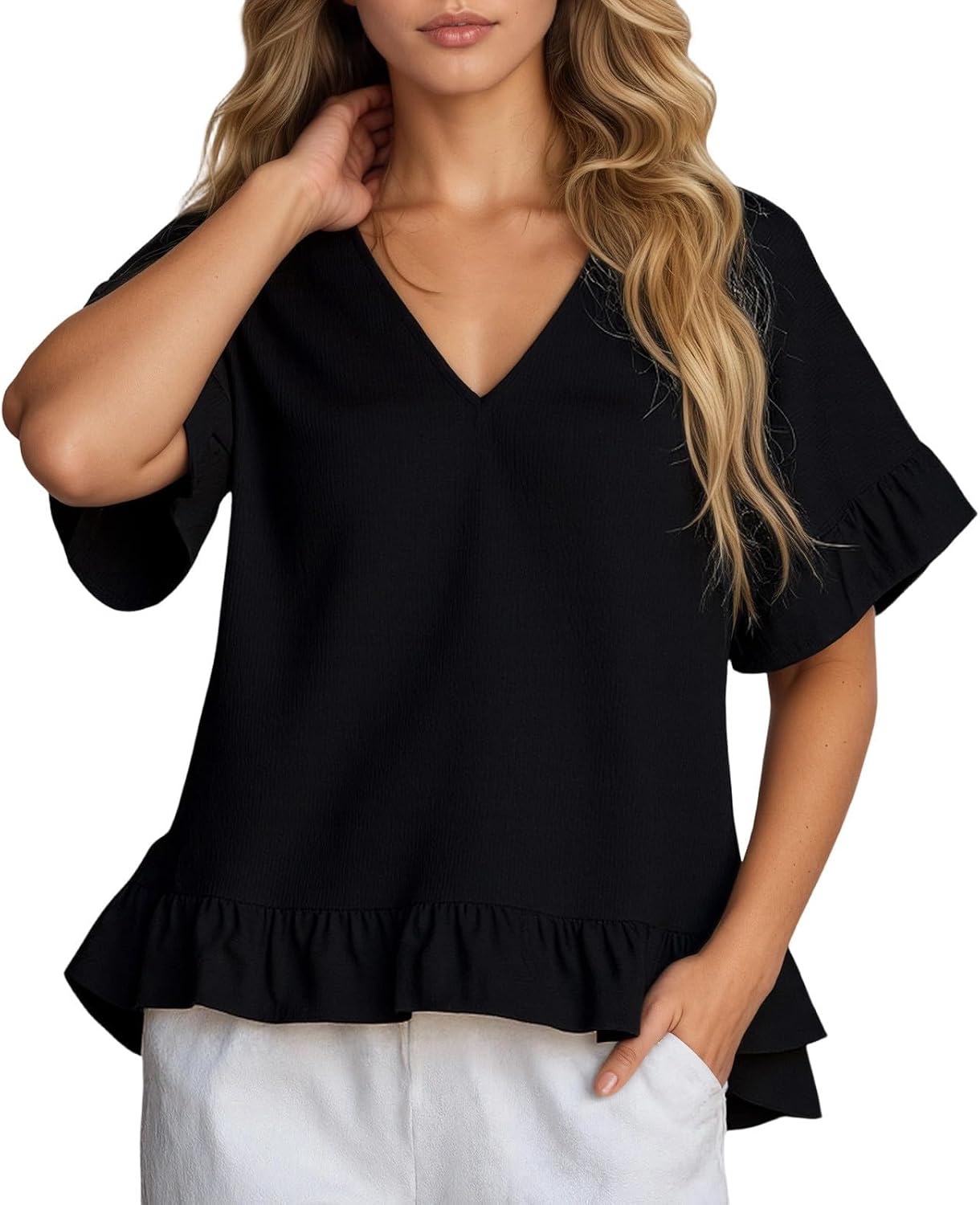 A stylish short-sleeved shirt with an elegant ruffled collar, perfect for everyday casual wear.