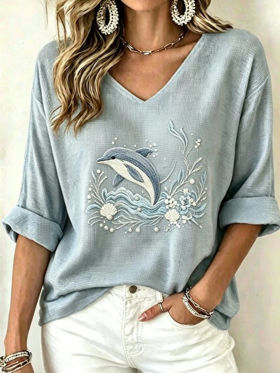 Women's 3/4 Sleeve V-Neck Casual Top with 3D Digital Print; Women's V-Neck T-Shirt