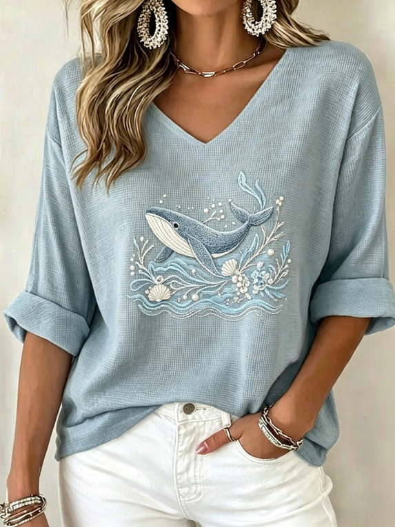 Women's 3/4 Sleeve V-Neck Casual Top with 3D Digital Print; Women's V-Neck T-Shirt