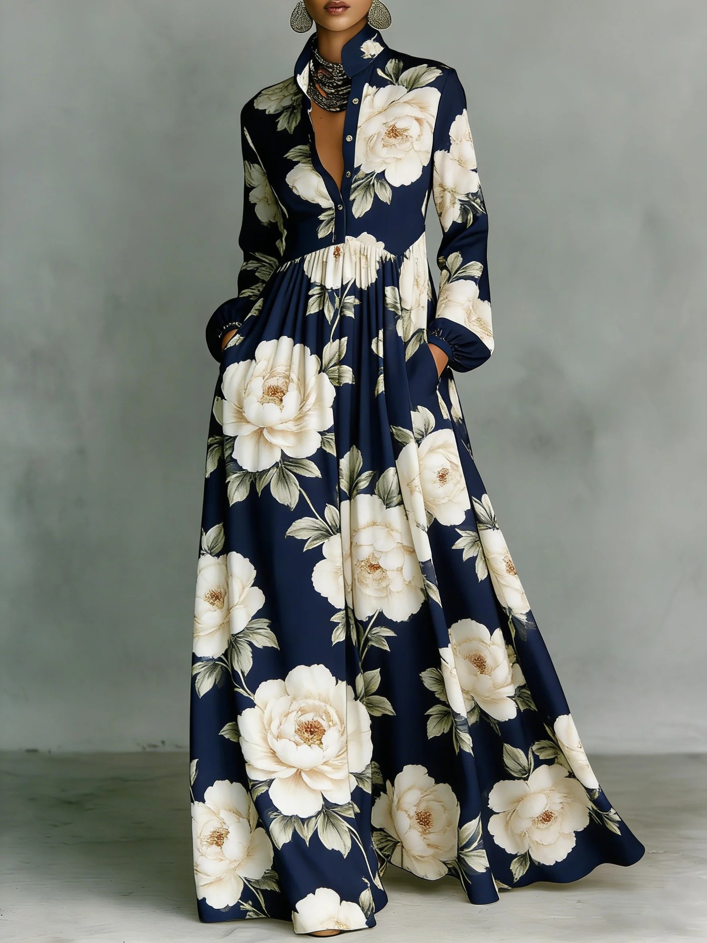 Mix and match long-sleeved printed slimming dress, elegant retro casual midi skirt for holiday style women's wear