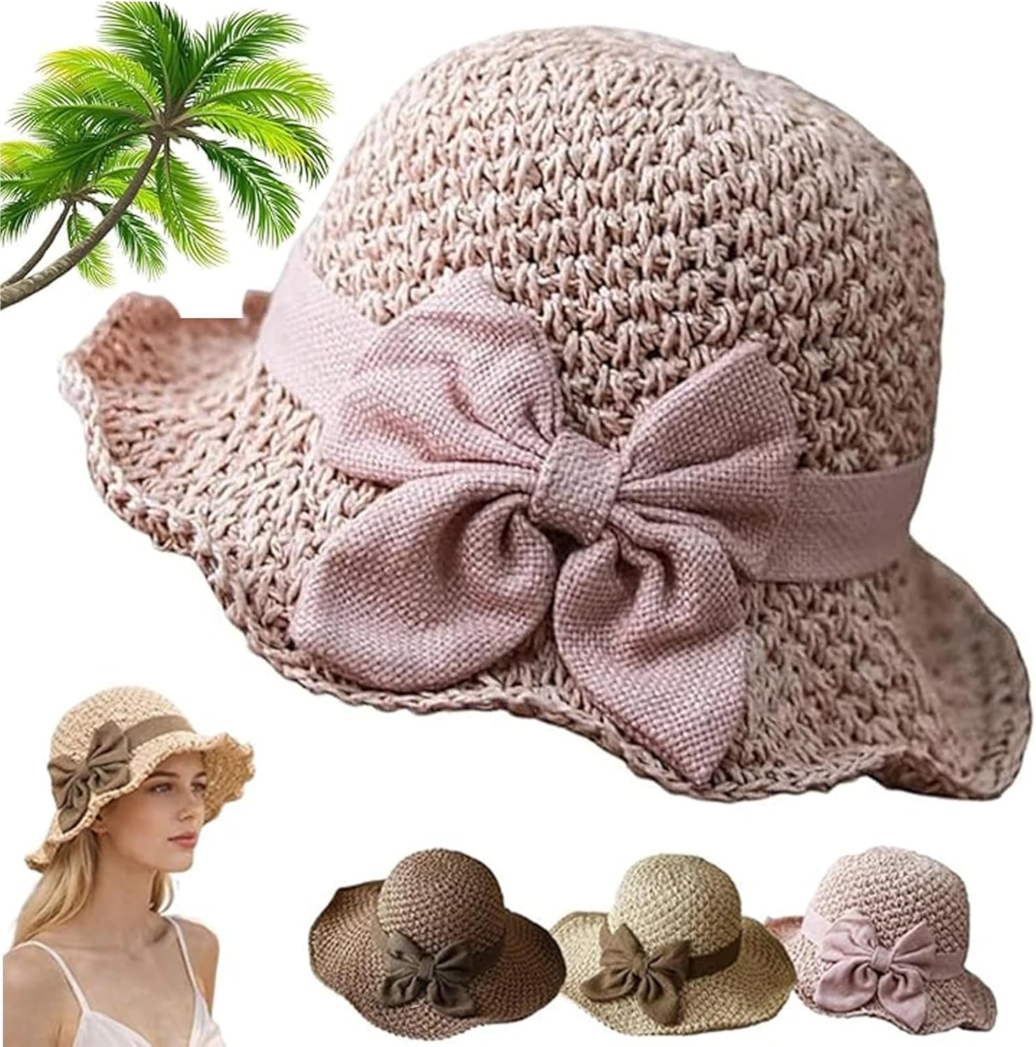 Versatile Retro Woven Straw Hat with Ruffled Bow - Foldable Breathable Sun Hat for Women, Elegant Handmade Beach & Travel Accessory