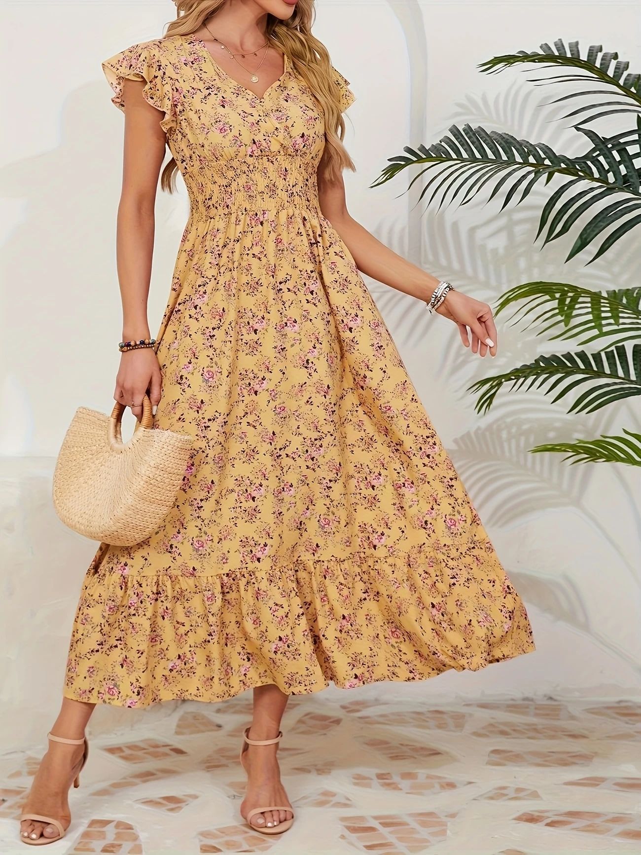 New summer fashion floral long-sleeved fitted wide-leg dress