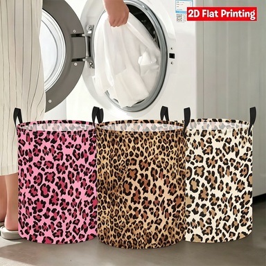 Leopard Print Round Laundry Basket, 35×50cm Waterproof Foldable Clothes Storage Bin with Reinforced Handles, 2D Flat Printing Dirty Clothes Organizer for Bedroom Bathroom Dorm