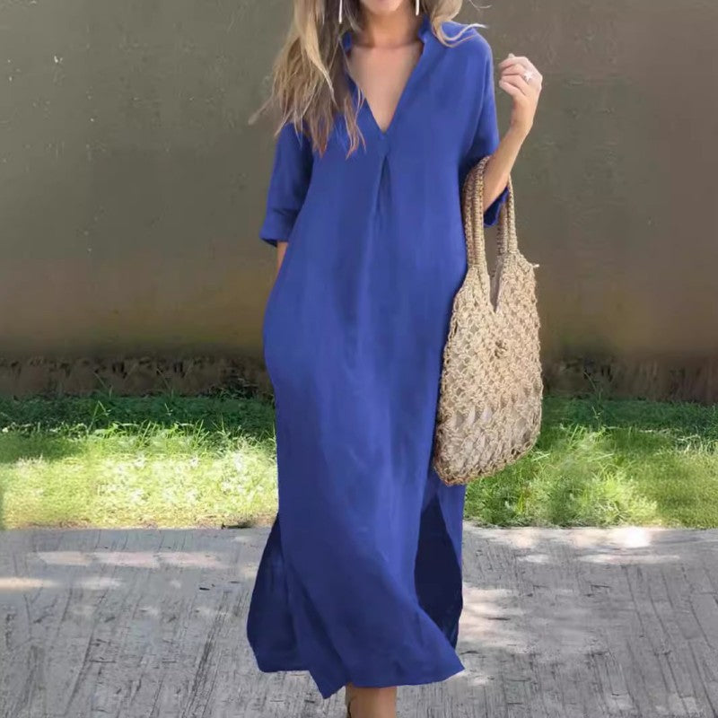 Elegant Dress with Split V-Neck