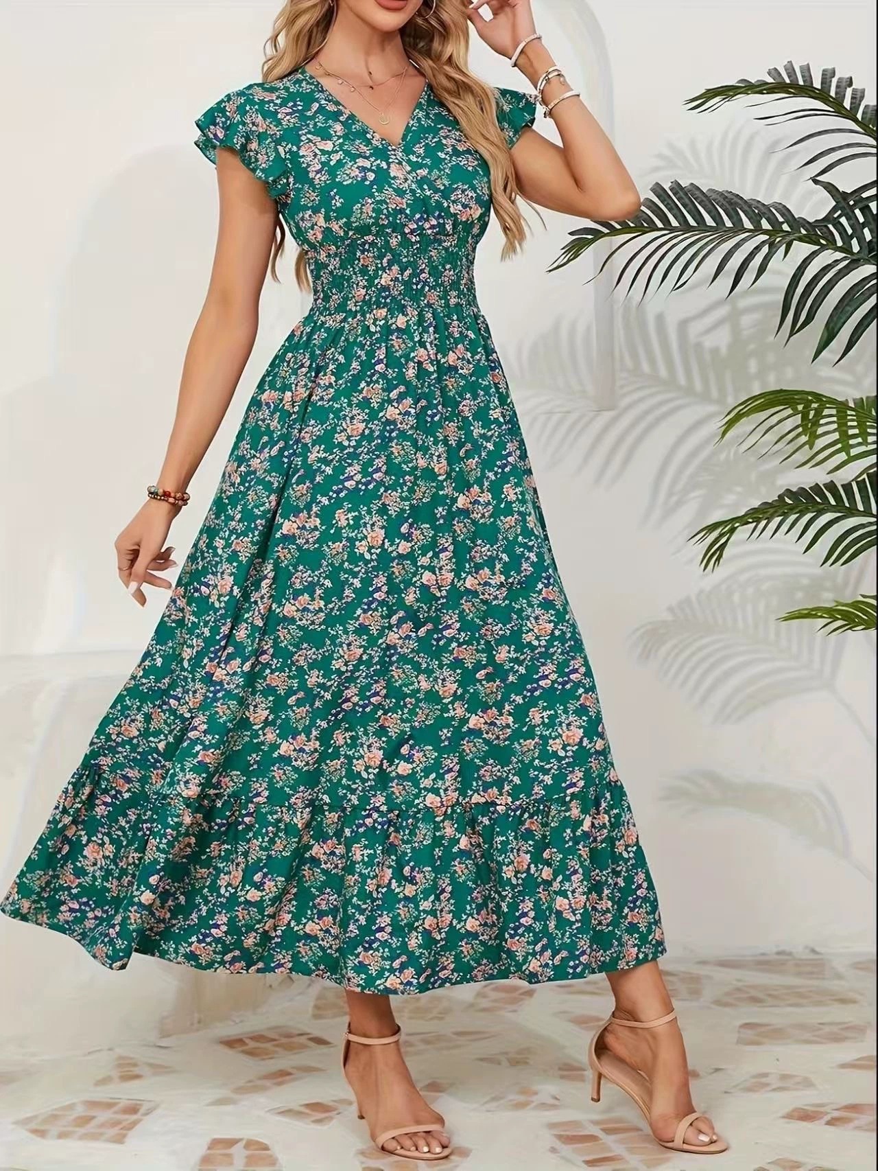 New summer fashion floral long-sleeved fitted wide-leg dress