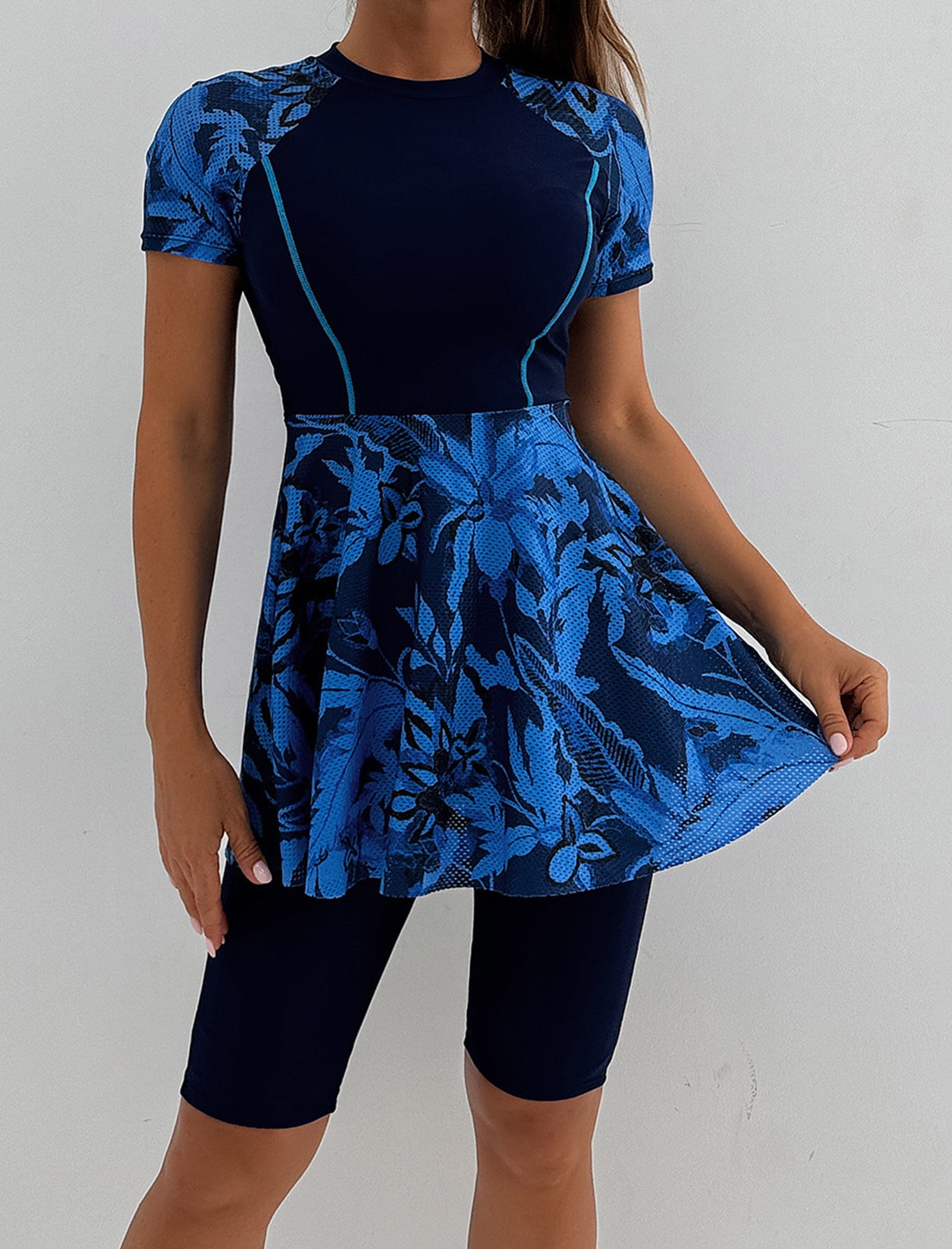 Women's Two-Piece Swimsuit — [Long Sleeve / Short Sleeve] Printed Swim Dress with Shorts