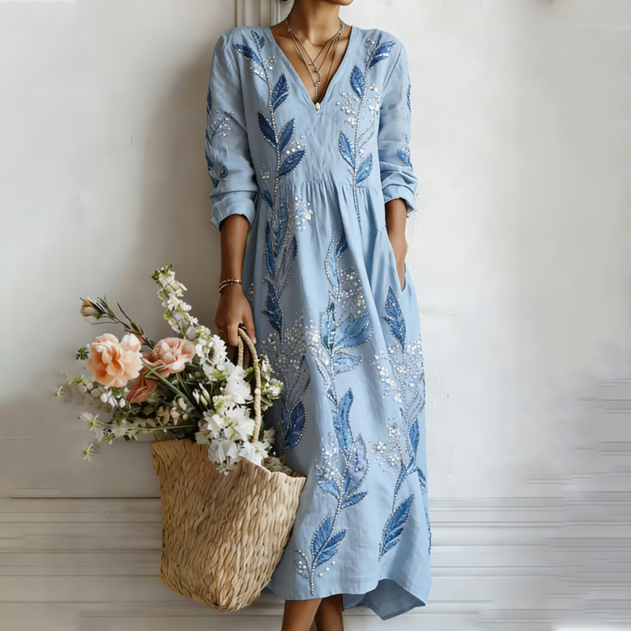 Women'S Plant Flower Sequin V-Neck Linen Style Dress
