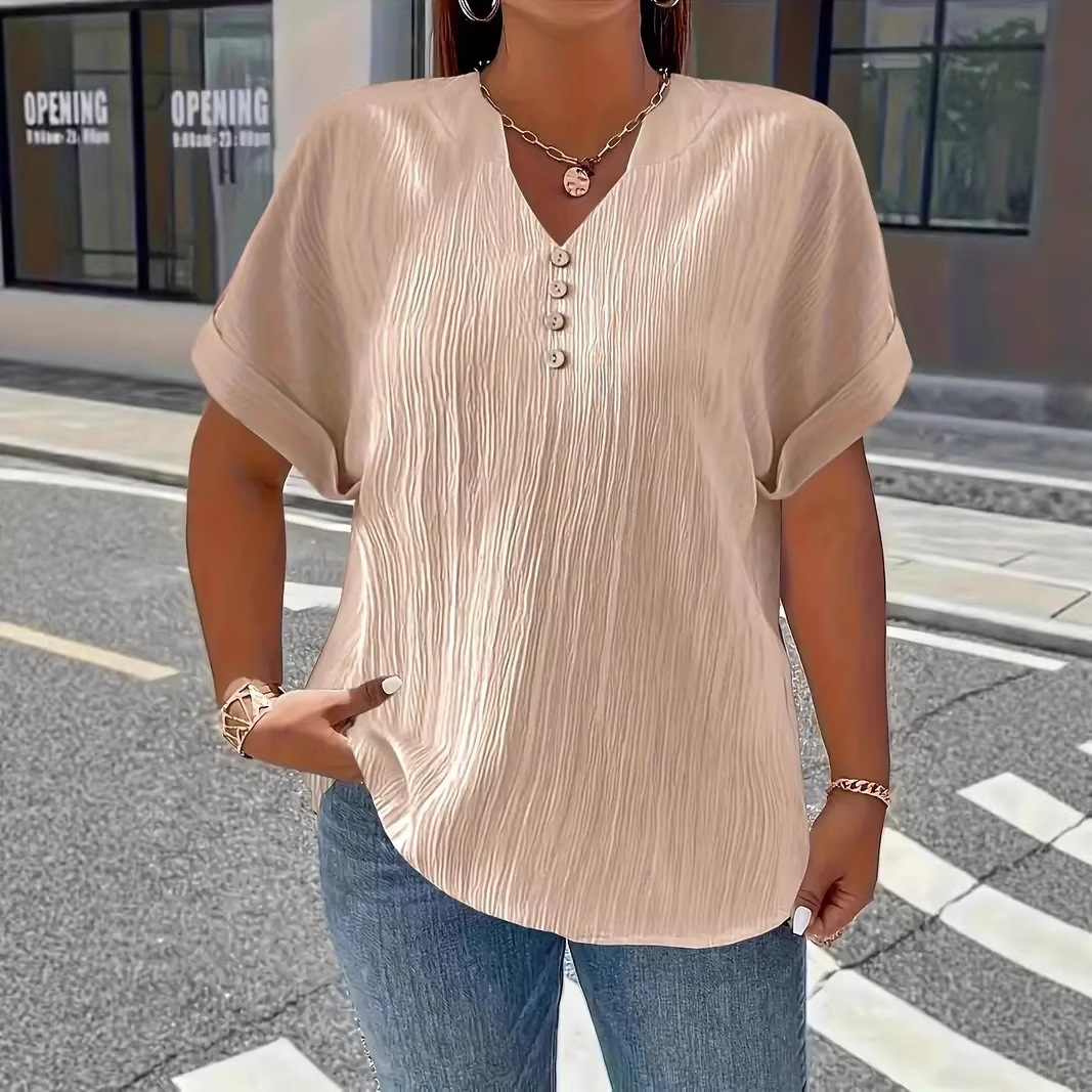 Loose V-neck short-sleeved T-shirt, women's, new summer style, solid color, button design, top, plus size, casual.