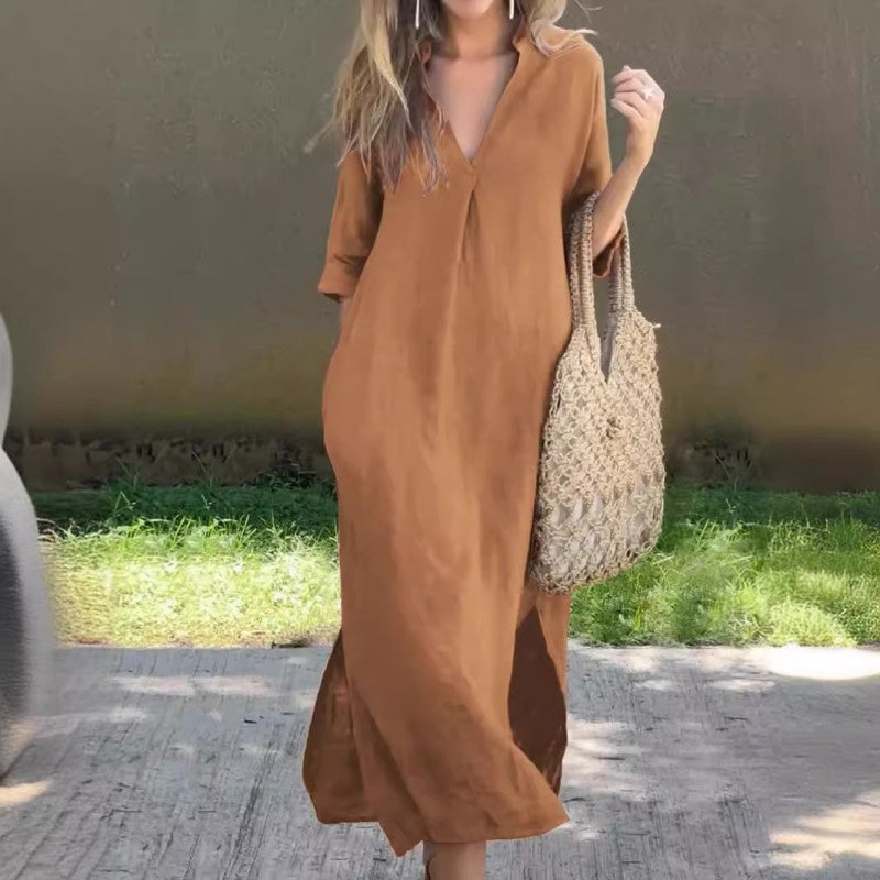Elegant Dress with Split V-Neck