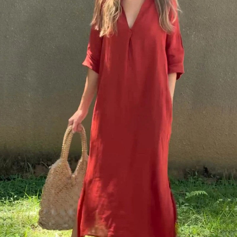 Elegant Dress with Split V-Neck