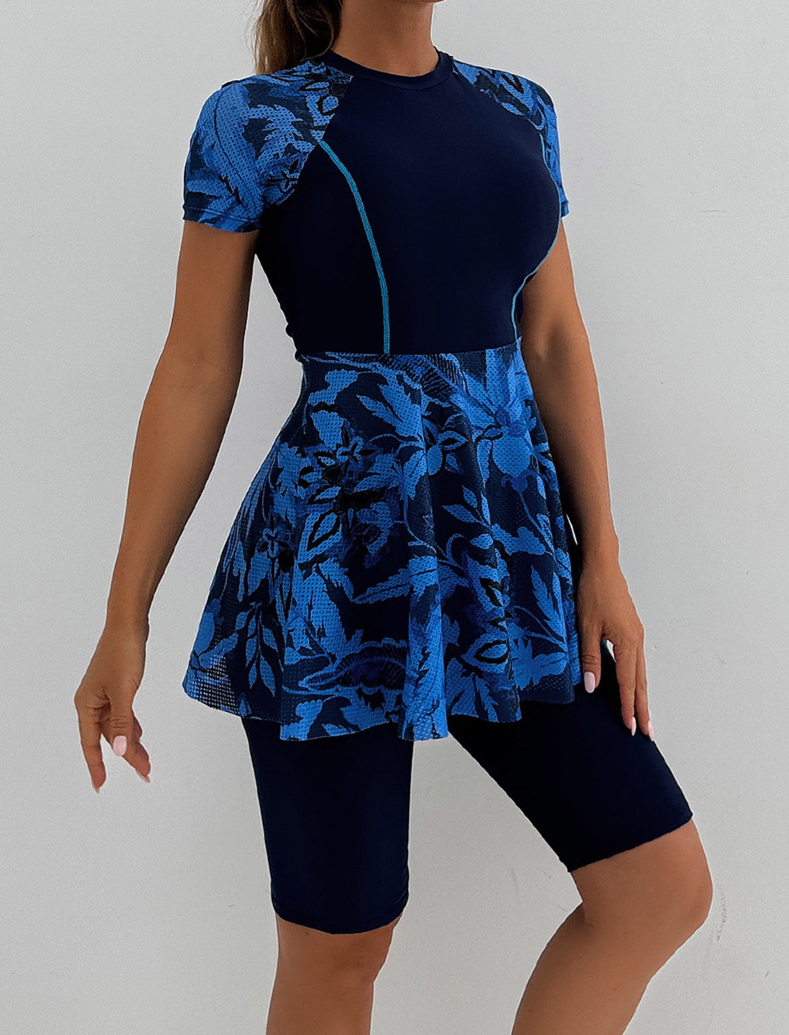 Women's Two-Piece Swimsuit — [Long Sleeve / Short Sleeve] Printed Swim Dress with Shorts
