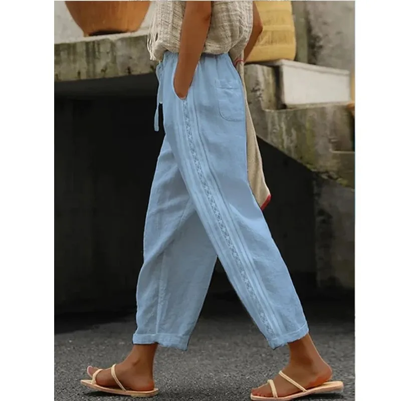 Elastic waist, loose straight leg, plus size trousers, hollowed-out patchwork, casual vacation style women's trousers
