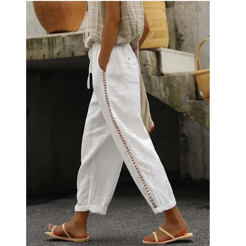 Elastic waist, loose straight leg, plus size trousers, hollowed-out patchwork, casual vacation style women's trousers