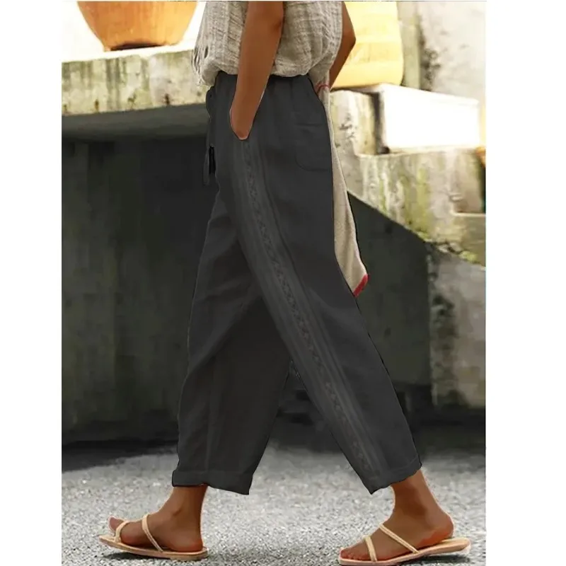 Elastic waist, loose straight leg, plus size trousers, hollowed-out patchwork, casual vacation style women's trousers