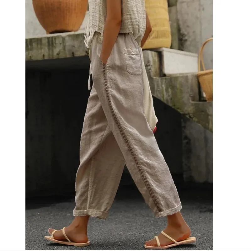 Elastic waist, loose straight leg, plus size trousers, hollowed-out patchwork, casual vacation style women's trousers