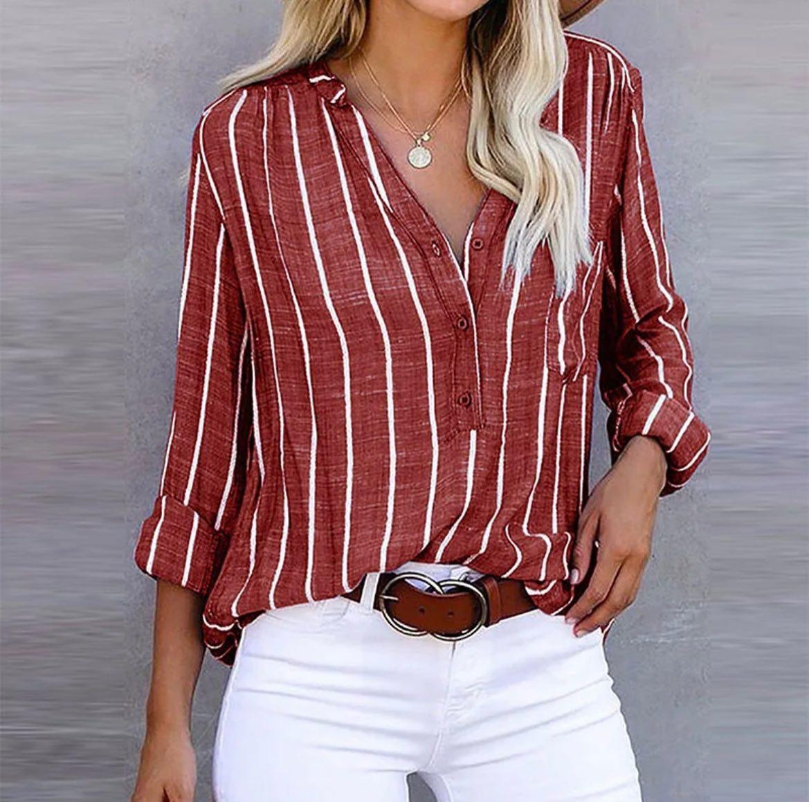 Loose-Fitting Red Striped Woman's Shirt with Buttons and Adjustable Sleeves