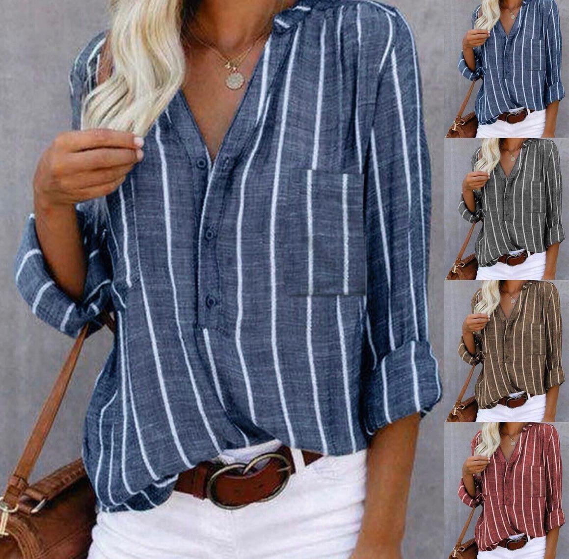 Loose-Fitting Red Striped Woman's Shirt with Buttons and Adjustable Sleeves