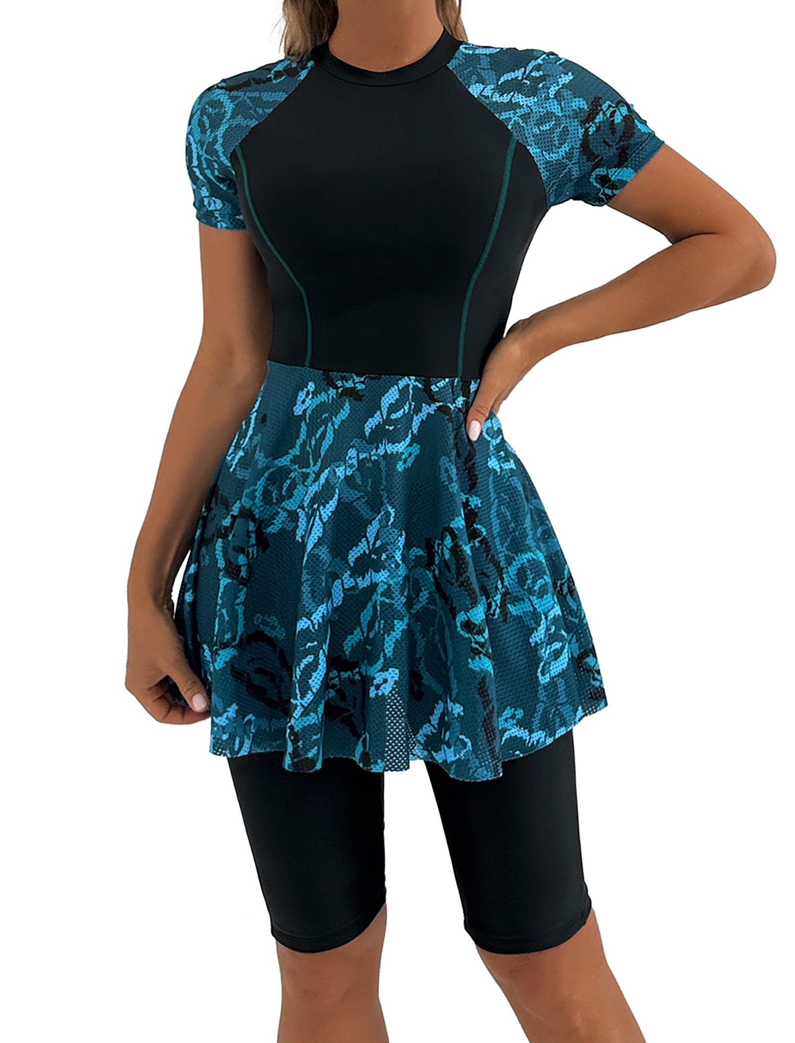 Women's Two-Piece Swimsuit — [Long Sleeve / Short Sleeve] Printed Swim Dress with Shorts