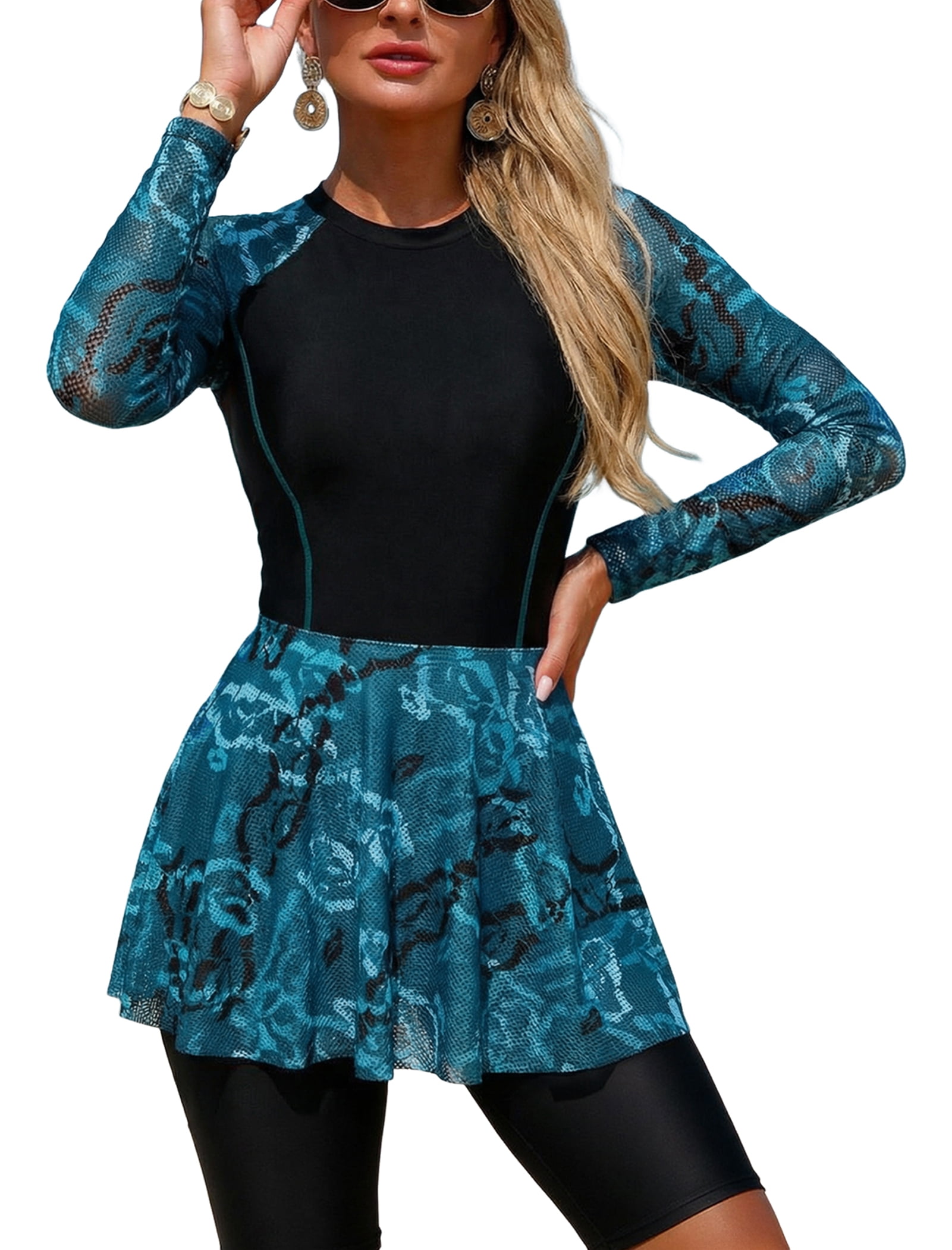 Women's Two-Piece Swimsuit — [Long Sleeve / Short Sleeve] Printed Swim Dress with Shorts