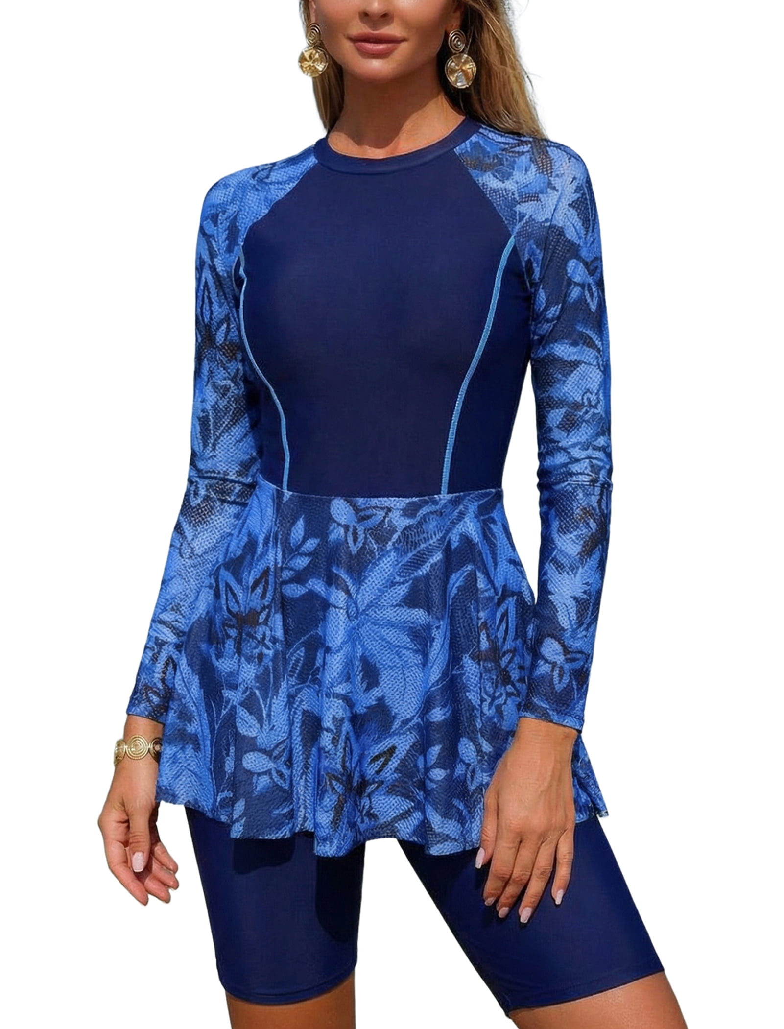 Women's Two-Piece Swimsuit — [Long Sleeve / Short Sleeve] Printed Swim Dress with Shorts