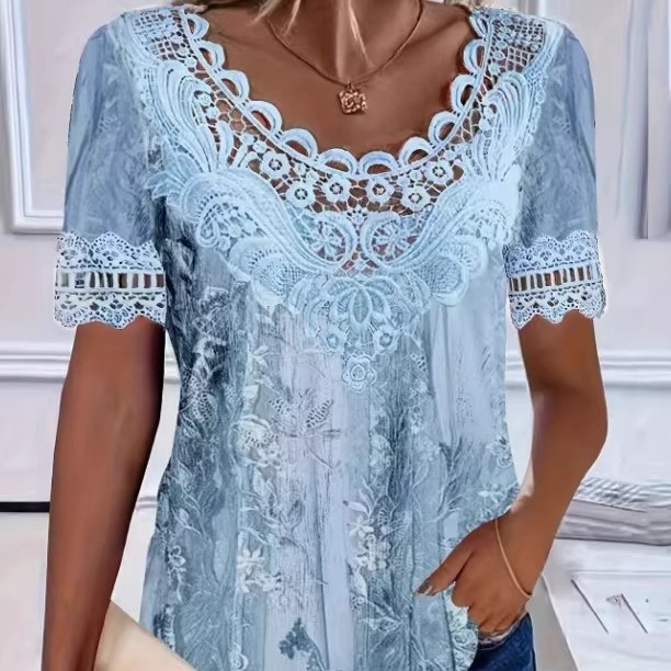 Women's Elegant Lace-Trimmed Round Neck Short-Sleeve T-Shirt in Multiple Colors