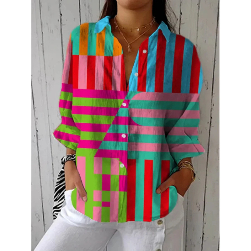 Women's creative and fashionable floral print shirt, color-blocked fashion shirt