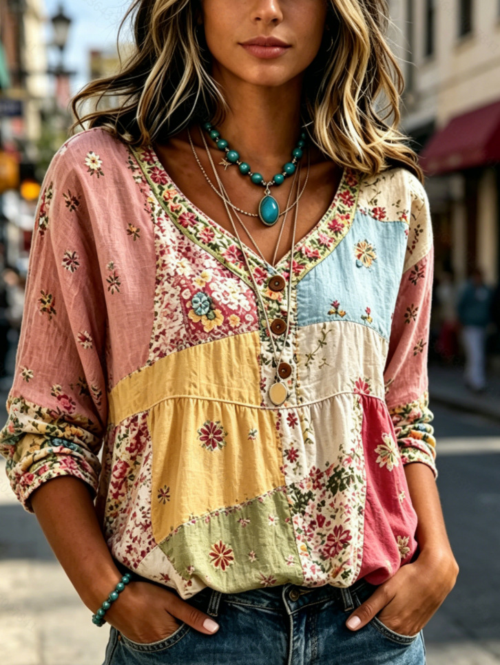 Summer Women's Button-Up Ethnic Print Three-Quarter Sleeve Shirt