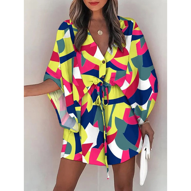 Women's Summer Flutter Sleeve Amazon V-Neck Tie-Waist Printed Beach Dress