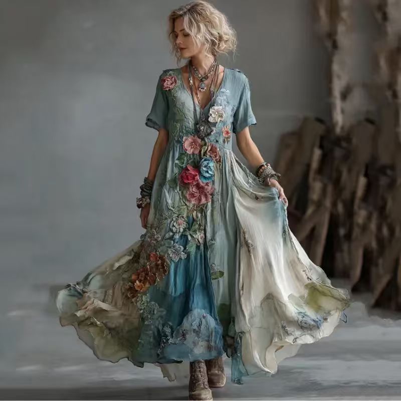 Women's solid color high-end elegant printed pleated floral midi skirt