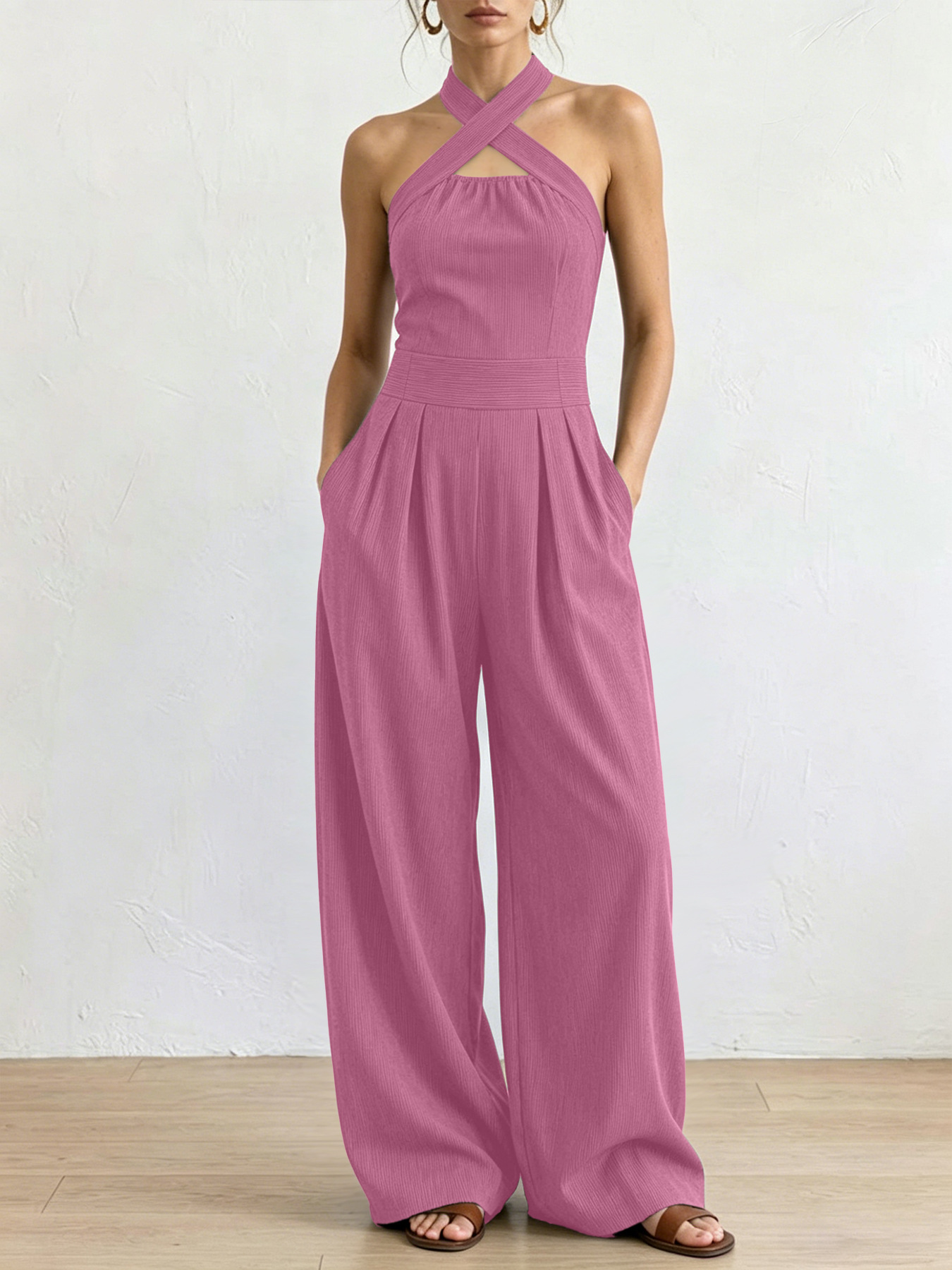 2026 Summer Cross-Neck Straight-Leg Jumpsuit, Elegant and Slimming, Sleeveless