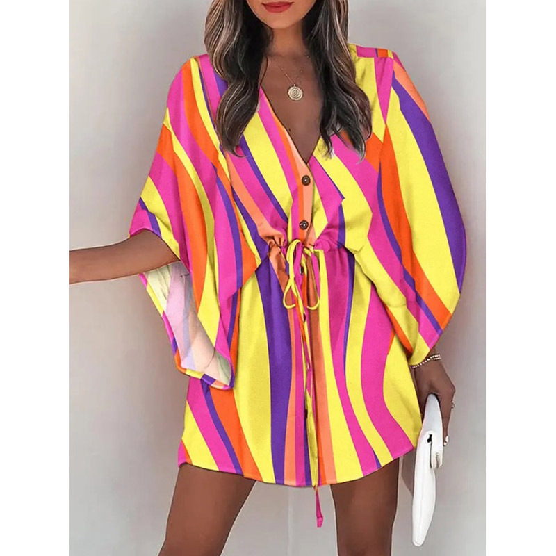 Women's Summer Flutter Sleeve Amazon V-Neck Tie-Waist Printed Beach Dress