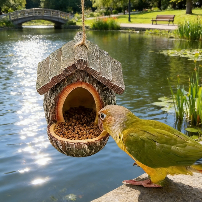 Outdoor hanging tree stump bird feeder for courtyards, balconies, and gardens; European-style handicraft.