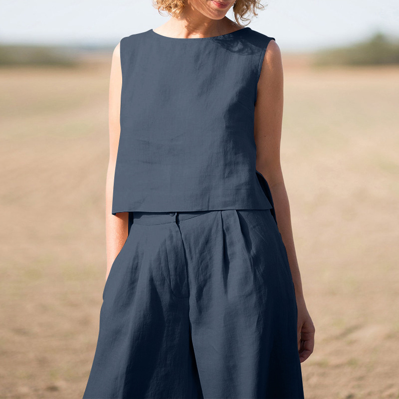 Solid color ethnic style retro trousers cotton linen casual long-sleeved loose cotton suit