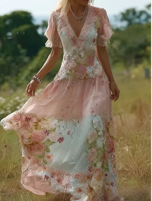 Women's solid color high-end elegant printed pleated floral midi skirt