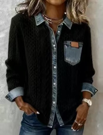Women's European and American style knitted patchwork denim shirt long-sleeved cardigan jacket