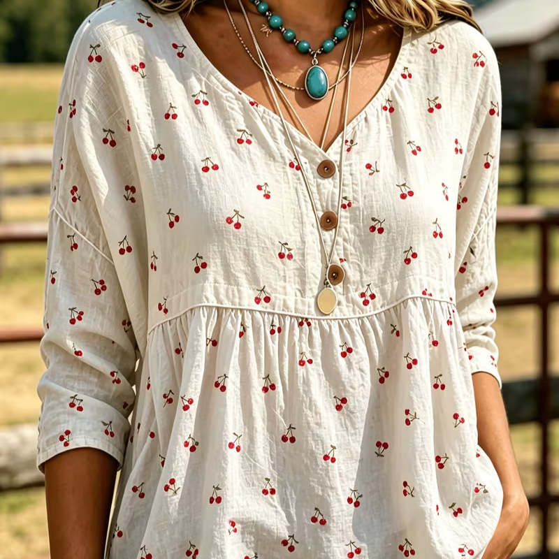Summer Women's Button-Up Ethnic Print Three-Quarter Sleeve Shirt
