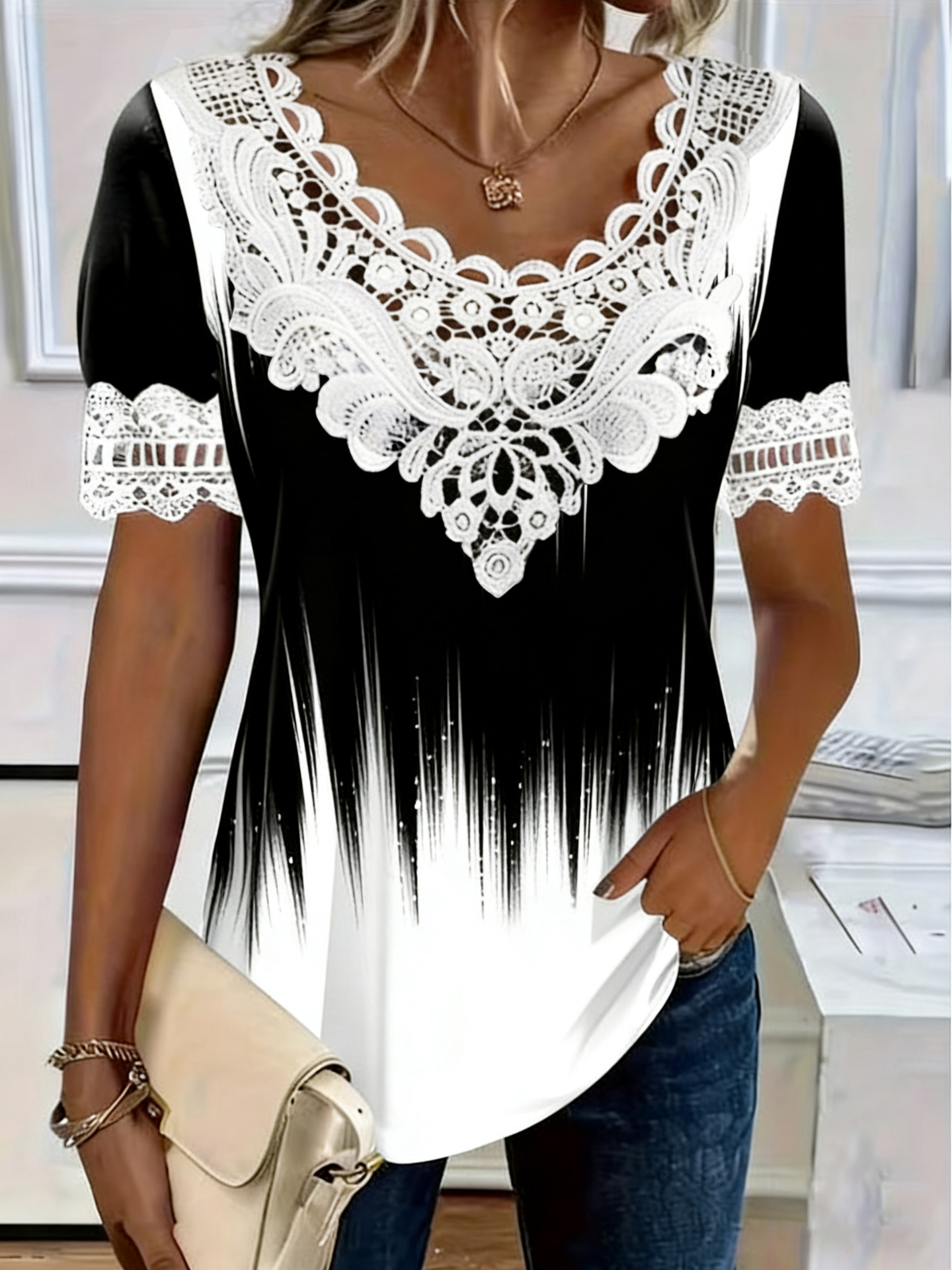 Women's Elegant Lace-Trimmed Round Neck Short-Sleeve T-Shirt in Multiple Colors