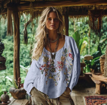 3D Printed Women's Round Neck Long Sleeve Retro Bohemian Style Top