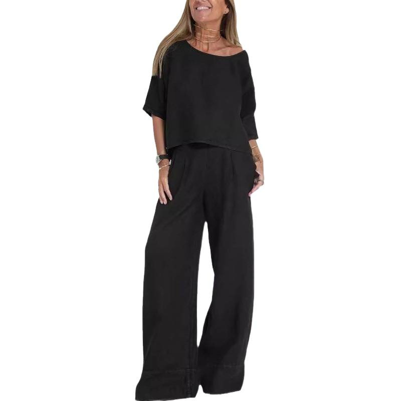 Cross-Border Amazon Aliexpress European And American Summer New Women'S Casual Loose Solid Color Short-Sleeved Cotton And Linen Pants Suit