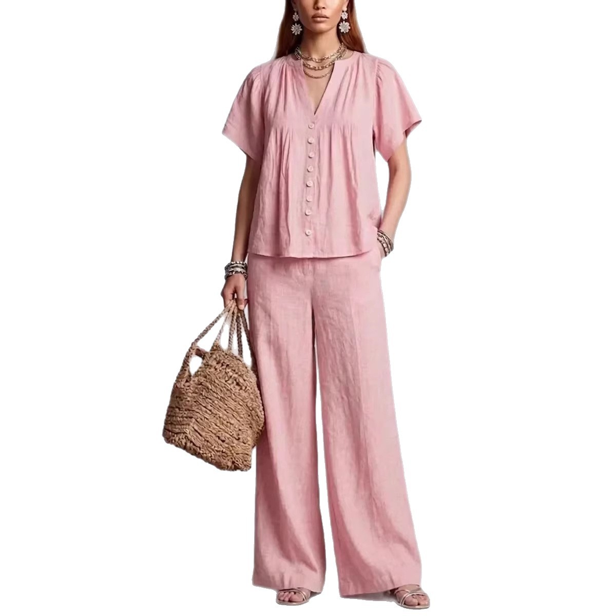 New Women's Beach Vacation Cotton Linen V-Neck Casual Suit