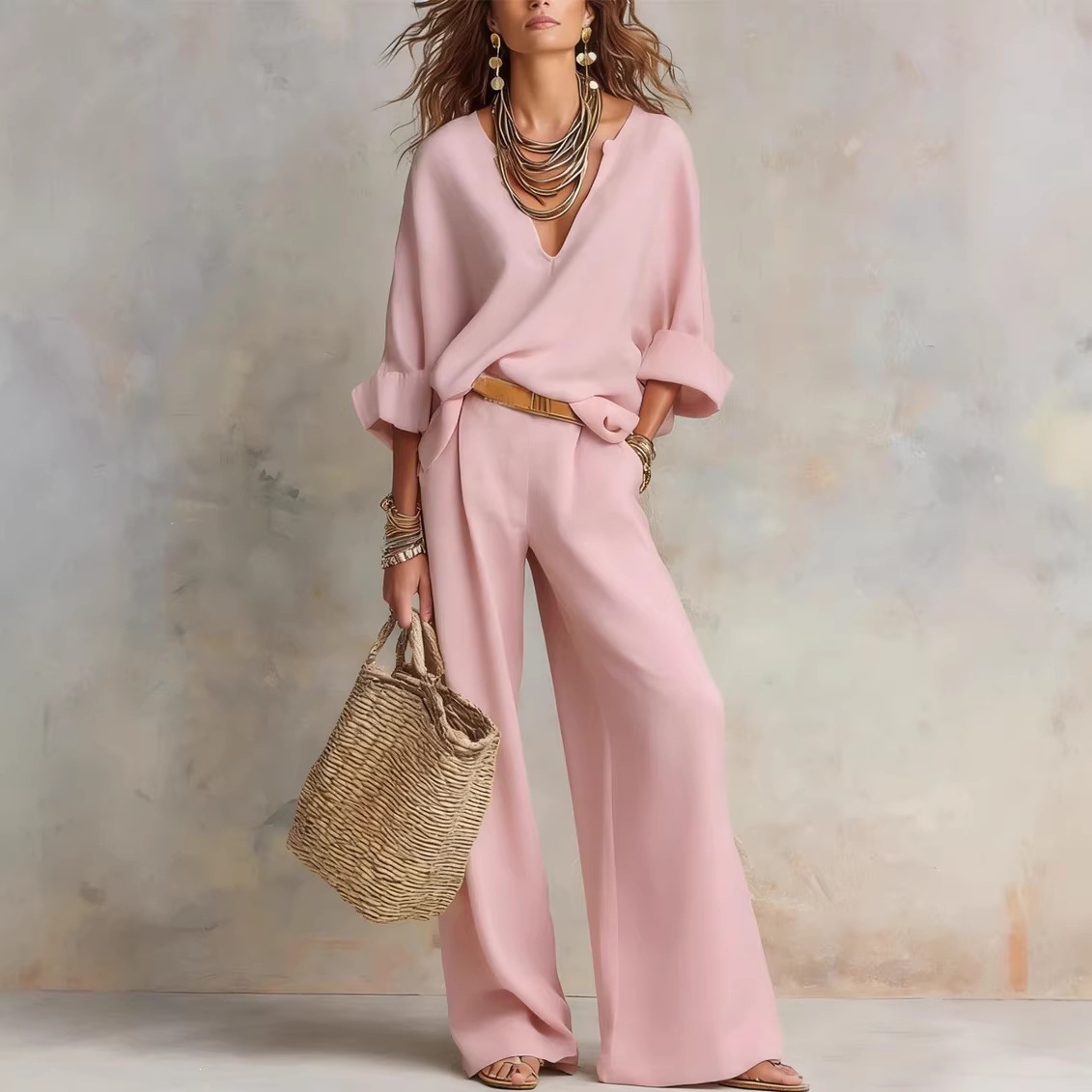 Stylish and casual natural faux linen loose-fitting vacation suit